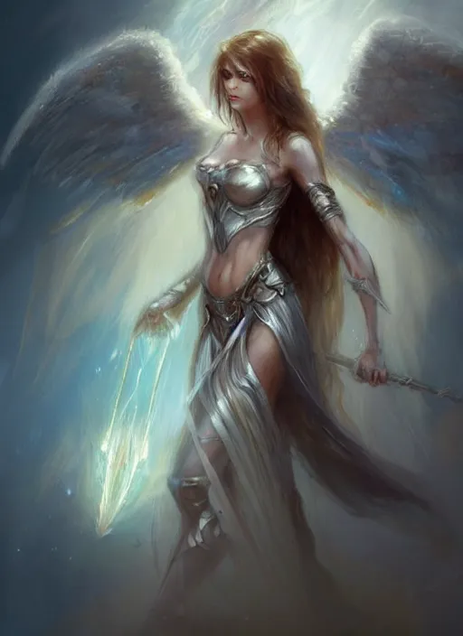 Image similar to concept art, angel knight girl. by artstation trending, by joseph mallord william turner, luis royo, konstantin razumov, cinematic lighting, fractal flame, highly detailed