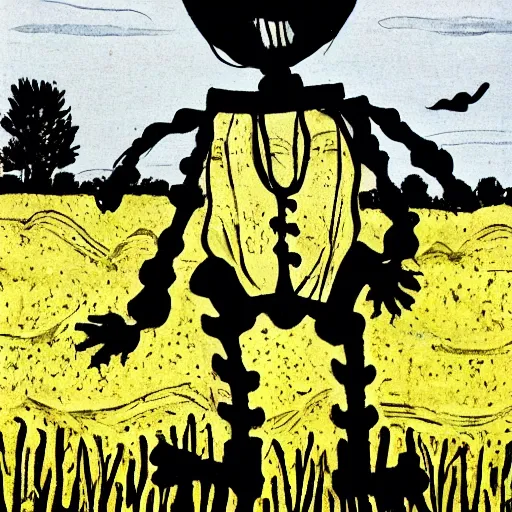 Image similar to skeleton scarecrow in a field, printmaking