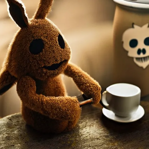 Image similar to a huggable brown rabbit muppet monk wearing a wolf skull as a mask and dat beside a cup of tea, photorealistic, nature, photography, national geographic, sesame street