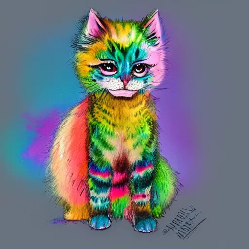 Image similar to wide angle full body, jacket wearing fluffy cute rainbow kitten wearing a black leather motorcycle jacket, cinematic concept art