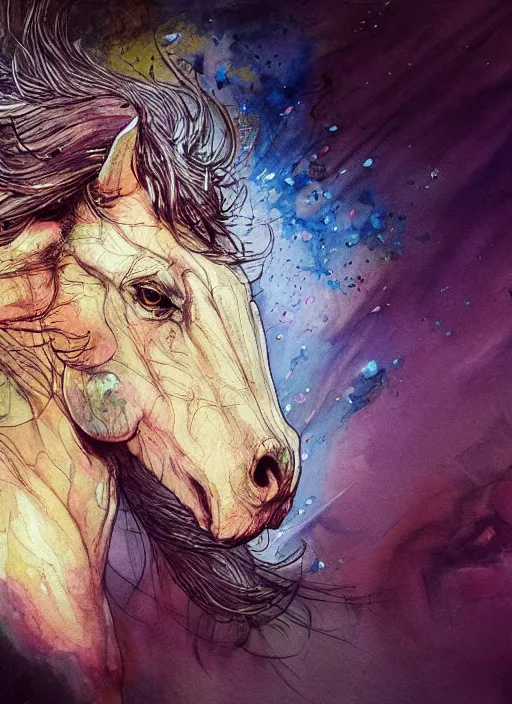 Image similar to portrait, A unicorn on drugs, watercolor, dramatic lighting, cinematic, establishing shot, extremely high detail, foto realistic, cinematic lighting, pen and ink, intricate line drawings, by Yoshitaka Amano, Ruan Jia, Kentaro Miura, Artgerm, post processed, concept art, artstation, matte painting, style by eddie mendoza, raphael lacoste, alex ross