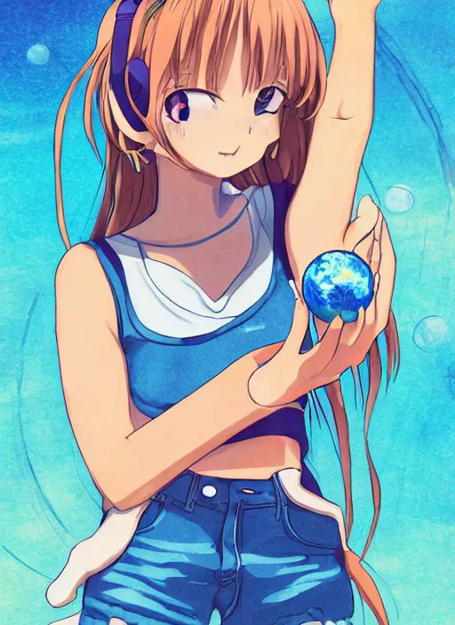 Prompt: an anime in outer space holding a small blue earth in her hand, wearing jean shorts and tank top, no other planets, digital art, anime