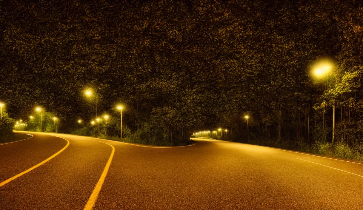 Image similar to at night, a large road extends into the distance, the leaves on both sides of the road are yellowed by the street lights, tranquility, film texture, super fine, 8 k