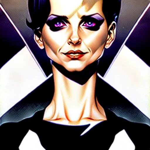 Image similar to artgerm, joshua middleton comic cover art, pretty domino character marvel comics sarah michelle gellar, place white skin, asymmetrical black spot covering left eye only, no spot right eye white around right eye asymmetrical eye