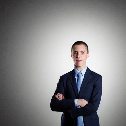 Image similar to corporate portrait, junior sales executive optimistic of the future oblivious to worldly woe, professional studio lighting