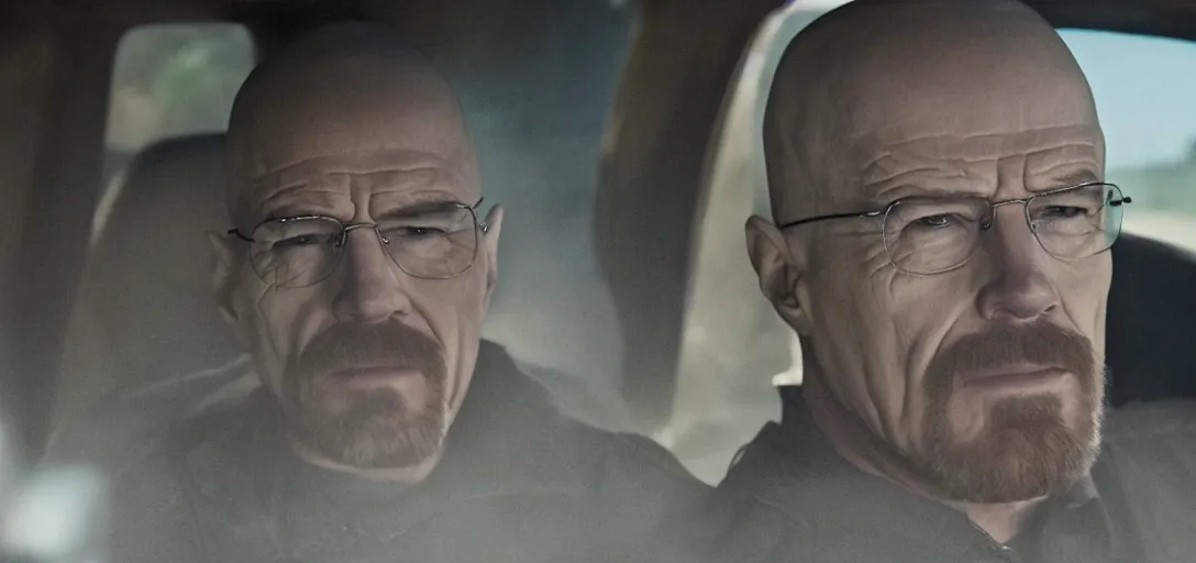 Image similar to cinematic still of scarlett johansson as walter white in breaking bad tv series