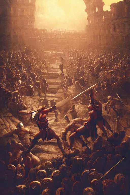 Image similar to Movie poster of a Roman gladiator duel to the death, out of focus colosseum with spectators in background, in the style of Greg Rutkowski and Ace Powell and Jean Giraud, extremely moody lighting, glowing light and shadow, atmospheric, shadowy, cinematic