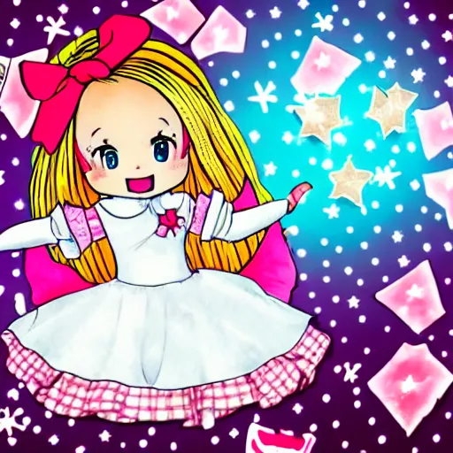 Prompt: usagi chan in a kawaii dress magical girl with star poster background