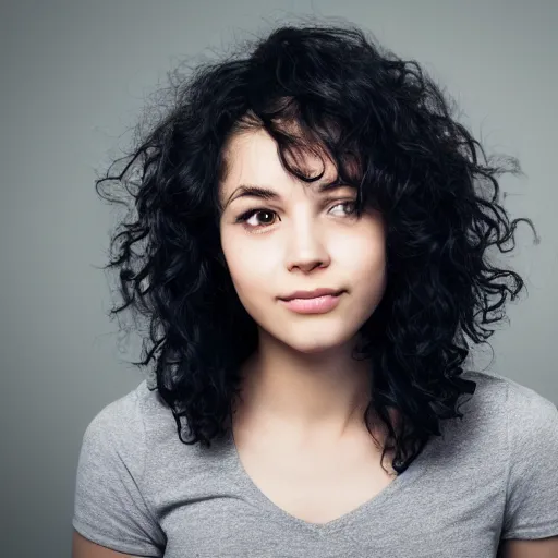 Prompt: a young woman with short black wavy hair