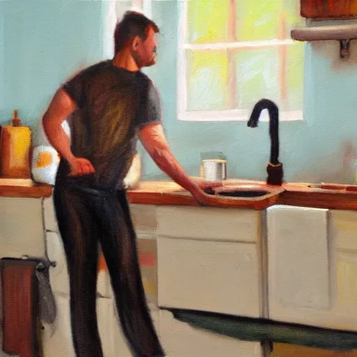 Prompt: realistic oil painting still of mountain pile of dirty dishes overflowing kitchen sink, angry man standing next to sink, high detail