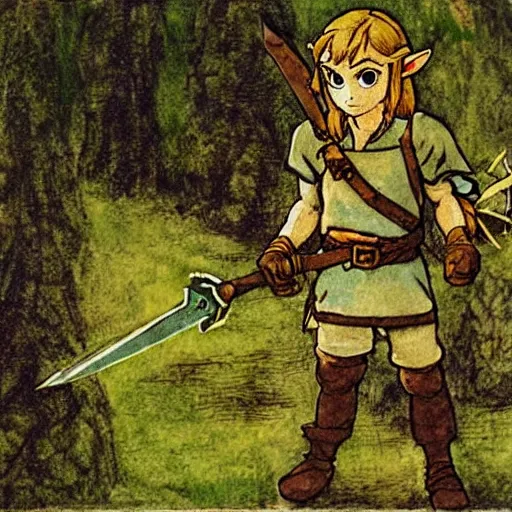 Prompt: link from zelda breath of the wild pulling the master sword from out of the ground in a forest, as painted by leonardo da vinci