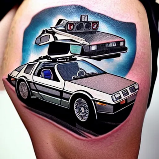 Image similar to a tattoo of delorean from back to the future,