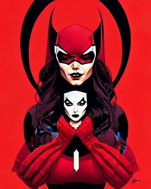 Image similar to rafael albuquerque comic art, peter mohrbacher, phil noto, artgerm, pretty evil elizabeth olson scarlet witch marvel, black and red dress, symmetrical eyes