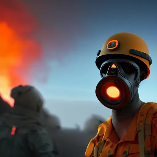 Image similar to a soldier with a glowing orange visor, a gas mask in a half-turn looks into the camera, bodies of the dead are scattered around, an orange fire in the background, octane render, 4k, details, dramatic pose