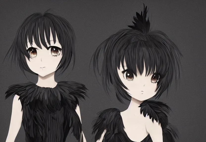 Image similar to little girl with a short black haircut wearing a dress made of black feathers, artwork in the anime style, realistic dark, anatomically perfect