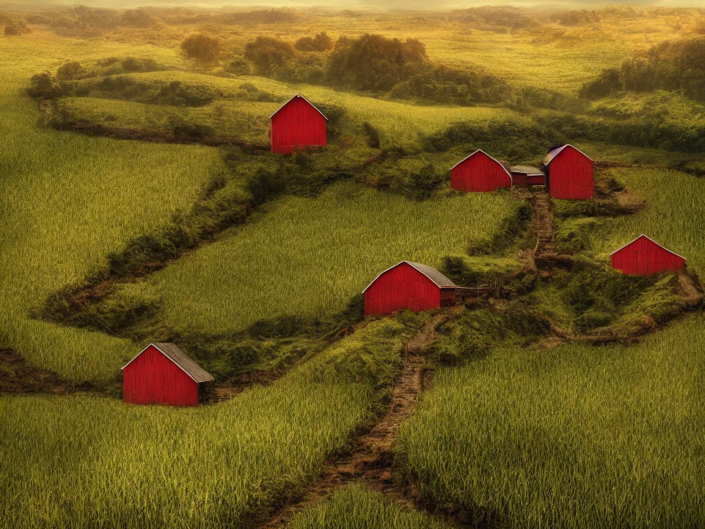 Image similar to Intricate detailed lush ravine with a single isolated red barn next to a wheat crop at noon. Wide angle shot, surreal, dreamlike, Artstation, Thomas Chamberlain-Keen