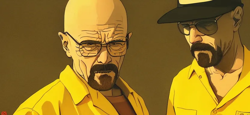 Prompt: breaking bad scene, digital painting masterpiece, by ilya kuvshinov, by frank frazetta, by mœbius, by reiq, by hayao miyazaki, intricate detail, beautiful brush strokes, advanced lighting technology, 4 k wallpaper, interesting character design, stylized yet realistic anatomy and faces, inspired by kill bill animated scene