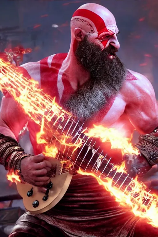 Prompt: screaming kratos rocking out on a flaming stratocaster guitar, cinematic render, god of war 2 0 1 8, playstation studios official media, lightning, flames, left eye stripe, left eye stripe, clear, coherent