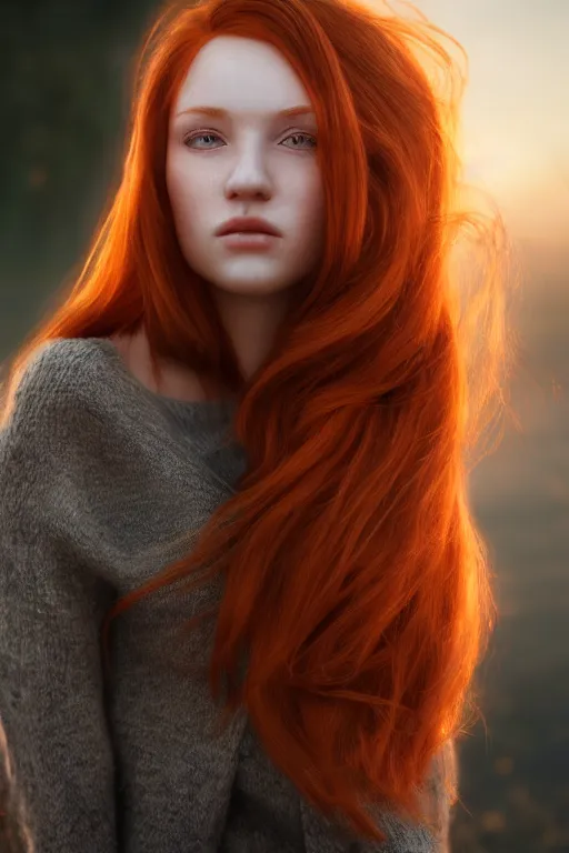 Prompt: hyperrealistic portrait of stunningly beautiful redhead girl in a dawn light, trending on artstation,ultrawide angle, f8, polarizer , unreal engine