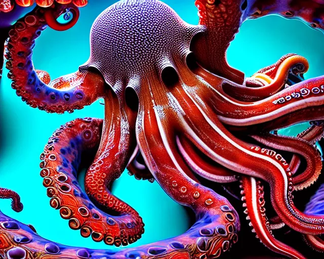 Image similar to hyperrealism photography in araki nobuyoshi dramatic scene from movie the big lebowski style computer simulation visualisation of detailed octopus riding eating human in the detailed ukrainian village in rendered in mandelbulb 4 d