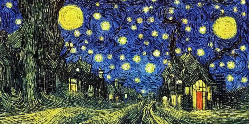 Image similar to cat walking down a long tree lined avenue with a small cottage at the far end, it is night and the sky looks like van gogh starry night, style of dave mckean, illustration, collage