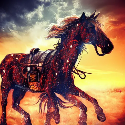 Image similar to cyborg horse with cowboy hat and fiery mane, post-apocalyptic background, portrait