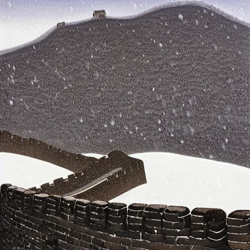 Prompt: The Great Wall, snowy day, Kawase Hasui