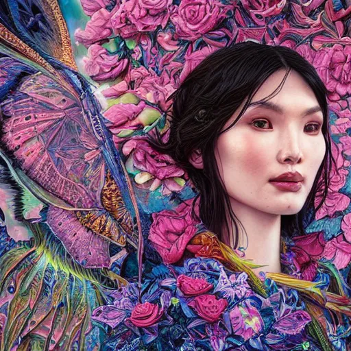 Image similar to portrait of gemma chan, hyper detailed masterpiece, neon floral pattern, jean giraud, digital art painting, darkwave goth aesthetic, psychedelic, artgerm, donato giancola and tom bagshaw