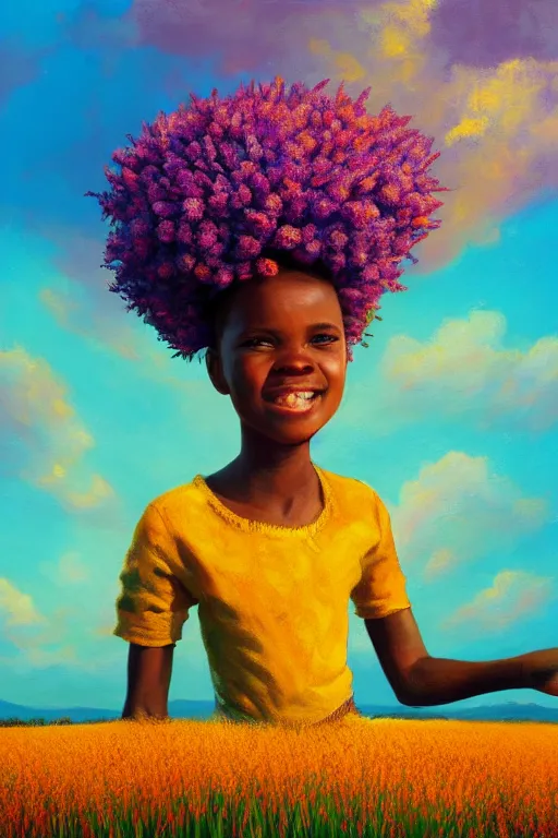 Prompt: closeup, large flower as head, african girl in heather field, surreal photography, golden hour, colorful clouds, impressionist painting, digital painting, artstation, simon stalenhag