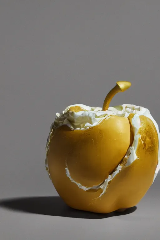 Image similar to Photo of a calacatta marble sculpture of an apple with dripping gold paint, studio lighting, high resolution, award winning.