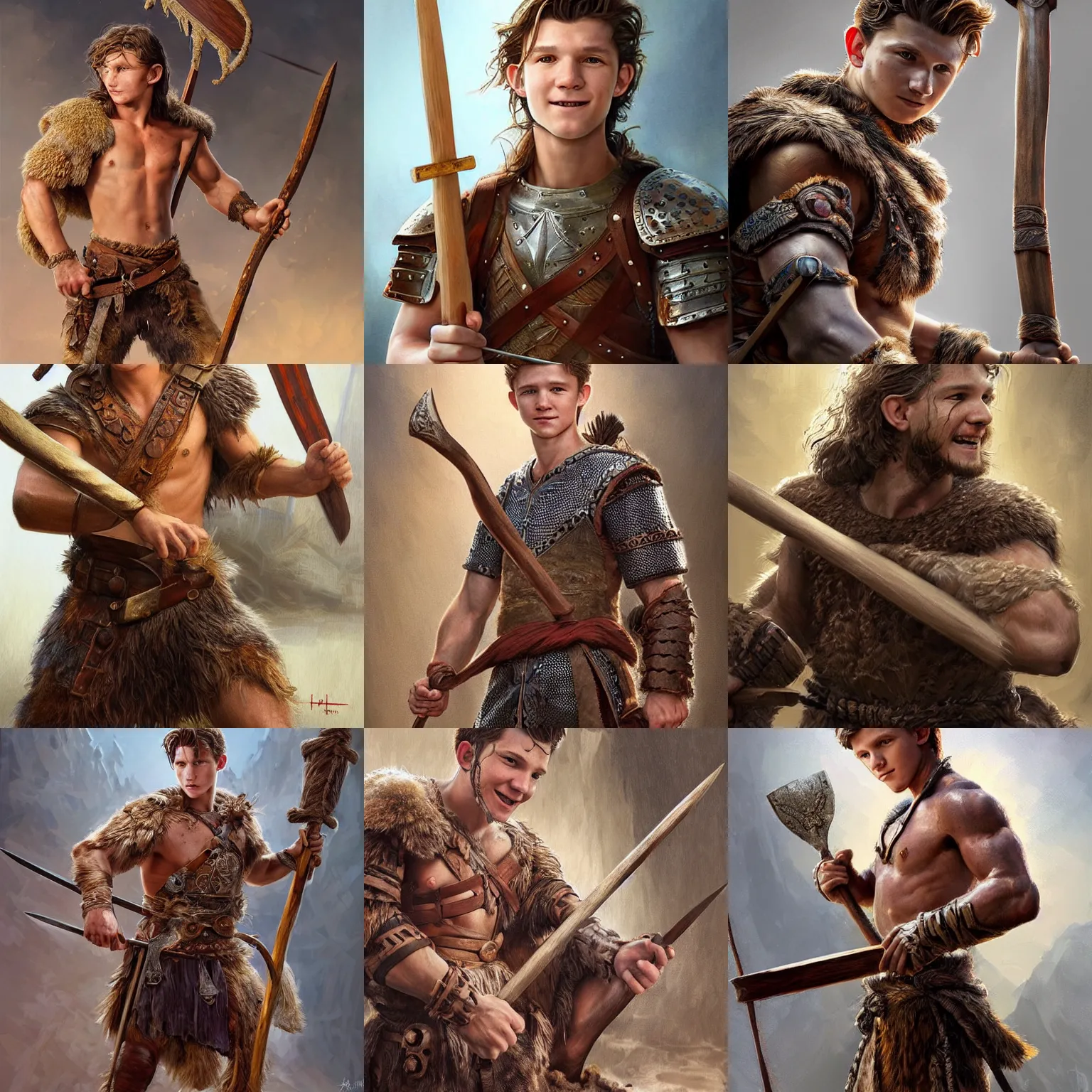 Prompt: Very highly detailed!!!!!! epic central composition studio photography of Tom Holland wearing a barbarian tunic smiling holding a wooden spear, intricate, medieval, extremely detailed, digital painting, artstation, concept art, smooth, sharp focus, illustration, studio lighting, incredible art by Anna Dittmann and Anton Pieck