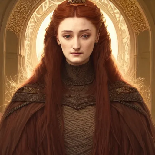 Image similar to portrait of sansa stark dark queen, intricate, elegant, highly detailed, digital painting, artstation, concept art, smooth, sharp focus, illustration, art by artgerm and greg rutkowski and alphonse mucha and william - adolphe bouguereau