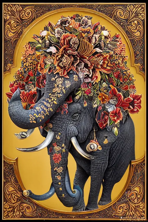 Image similar to Painted dark-wood panel relief carving of a Flowerpunk Matriarch Elephant, ornate border frame, explosion of colorful flowers, dark wood, intricately carved, black ink, festival of rich colors, intricate details, cinematic lighting, volumetric lighting, post-processing, by andreas rocha and john howe, and Martin Johnson Heade, featured on artstation, featured on behance, golden ratio, hyper detailed, photorealistic, epic composition, center spotlight, f32, well composed, UE5, 8k