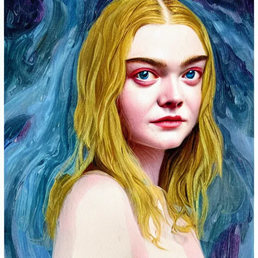 Prompt: professional painting of Elle Fanning in the style of Edward Okuń, head and shoulders portrait, symmetrical facial features, smooth, sharp focus, illustration, intricate, stormy weather, extremely detailed masterpiece,