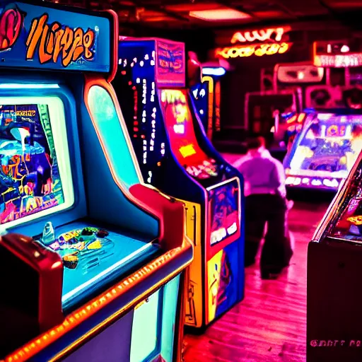 Image similar to A busy arcade, 80's, by Kung Fury, vaporware, XF IQ4, 150MP, 50mm, F1.4, ISO 200, 1/160s, natural light