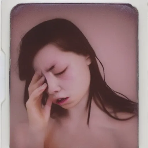 Image similar to a porcelain portrait of a girl face melt down like an ice cream, realistic detailed photography polaroid