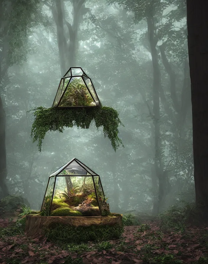 Image similar to illuminati inside a woodland terrarium, matte painting, octane render, cinematic, hyper realism, octane render, 8k, depth of field, bokeh. iridescent accents. Dark and foggy. scheme