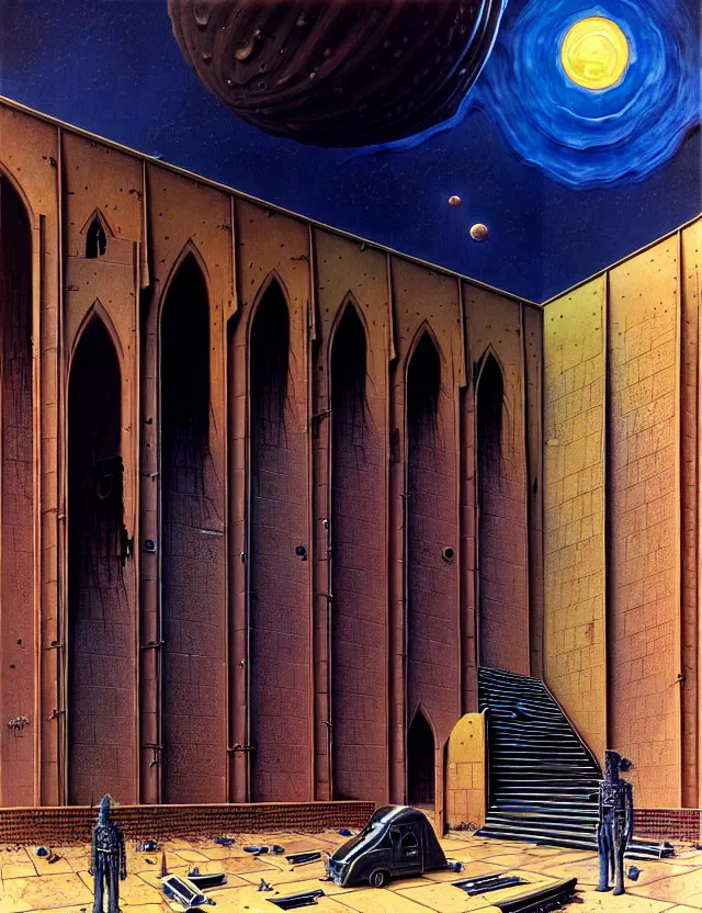 Image similar to huge gothic crematorium on desert planet, elevator, side ramp entrance ambulance smoke dead bodies, guards intricate, painting by lucian freud and mark brooks, bruce pennington, dark colors, neon, death, guards