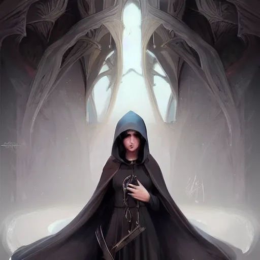 Image similar to hooded priestess of emo teen thot, by charlie bowater, peter mohrbacher, loish, trending on artstation, concept art