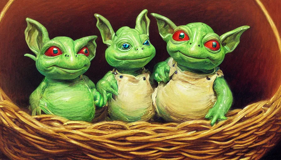 Image similar to highly detailed painting of boglins cuddling up in a basket by william turner, thick brush strokes and visible paint layers, 4 k resolution