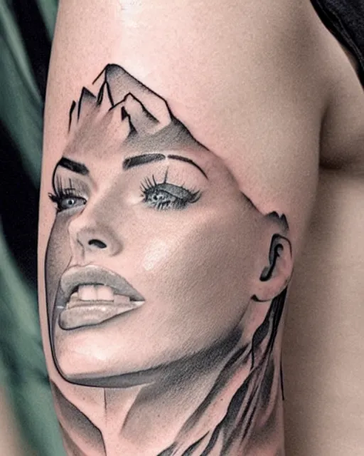 Image similar to tattoo design sketch of megan fox with amazing mountain scenery, double exposure effect, realism tattoo, in the style of den yakovlev, amazing detail, sharp