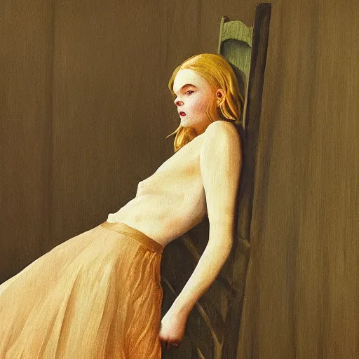 Prompt: Elle Fanning in the painted world of Raised by Wolves, head and shoulders masterpiece, apocalypse, golden hour, cosmic horror, artstation, in the style of Andrew Wyeth and Edward Hopper and Bosch, extremely detailed