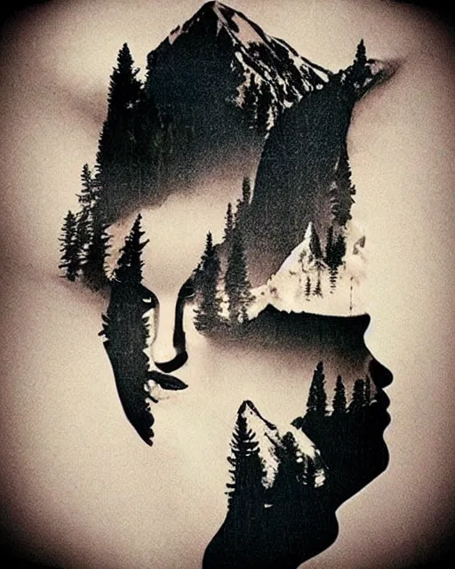 Prompt: megan fox creative double exposure effect beautiful mountain scenery, medium sized tattoo sketch, amazing detail, trending on pinterest, in the style of brandon kidwell