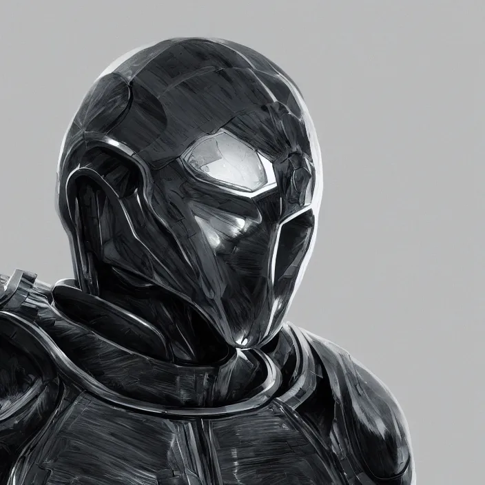 Image similar to a top down shot of a character in an spaceship by nihei tsutomu, front facing the camera, dramatic black and white, modern clean reflective obsidian dark black armor, highly detailed, 3 d render, vray, octane, realistic lighting