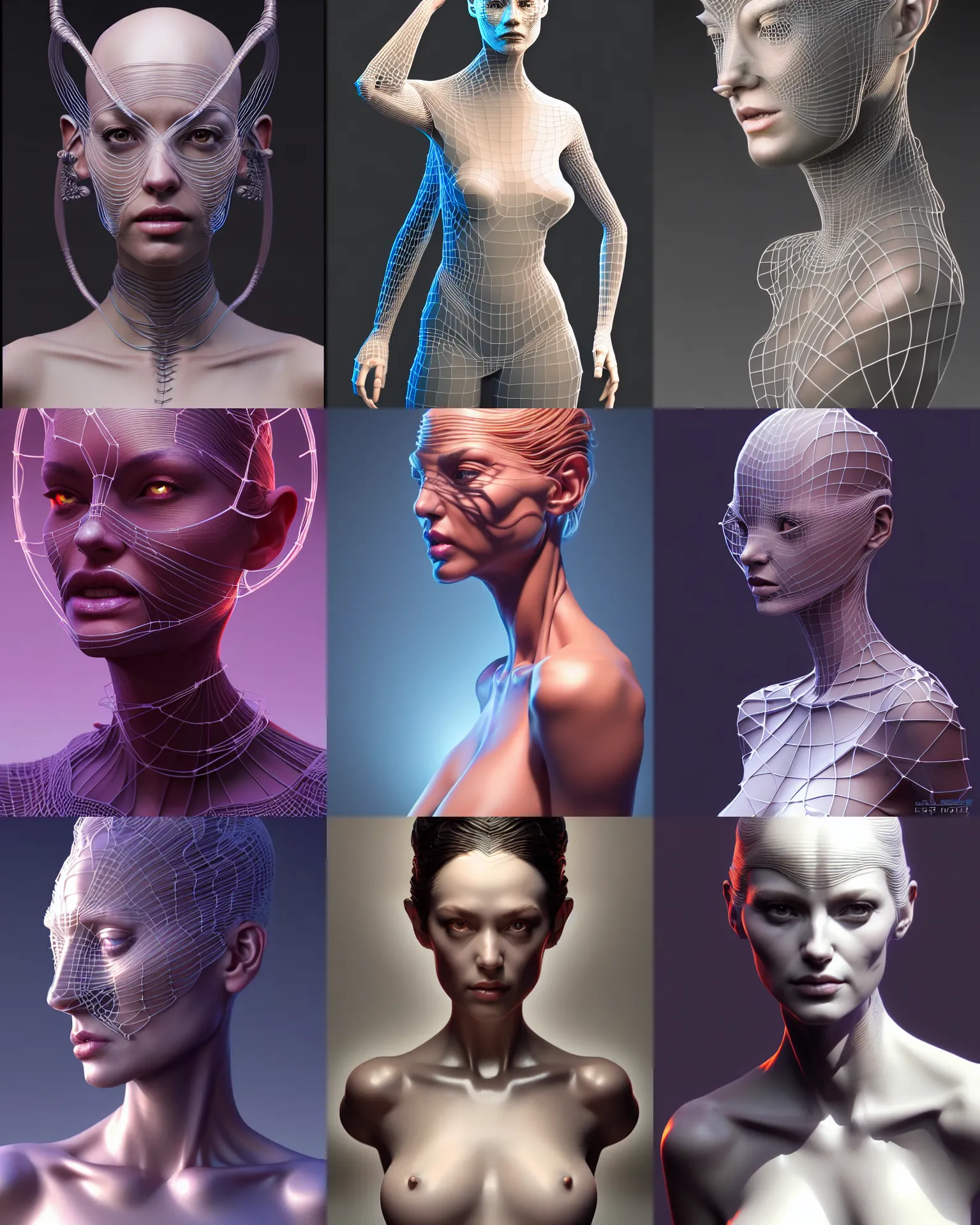 Prompt: 3 d model of a beautiful woman portrait, high poly 3 d glowing wireframe models, half textured half wireframe, ultra realistic, dramatic lighting, intricate details, highly detailed by peter mohrbacher, boris vallejo, hajime sorayama, wayne barlowe,