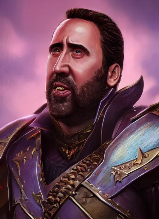 Image similar to A fantasy comic book style portrait painting of as Nicolas Cage as a paladin, unreal 5, DAZ, hyperrealistic, octane render, RPG portrait, dynamic lighting