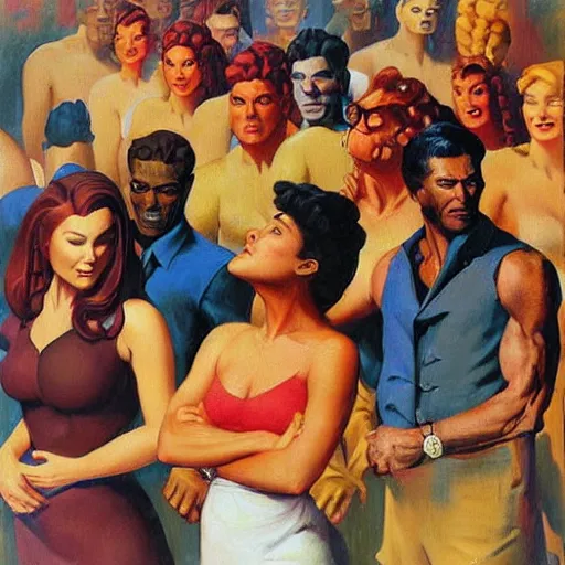 Prompt: riotous by alex alemany, by frank frazetta. a beautiful print of a group of people standing in a line. they are all facing the same direction & appear to be waiting for something.