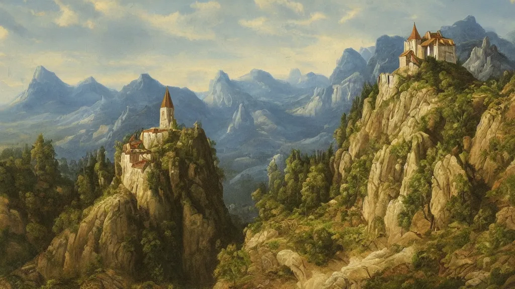 Prompt: detailed naturalism landscape painting of a monastery on the top of a rough, steep mountain with great view on other mountains, epic