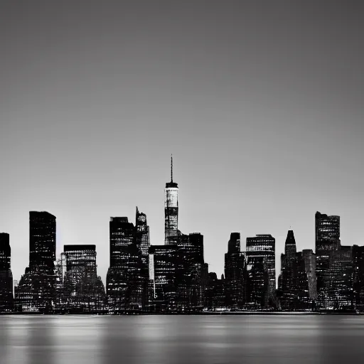 Image similar to minimalist black and white photograph of the new york skyline, time exposure