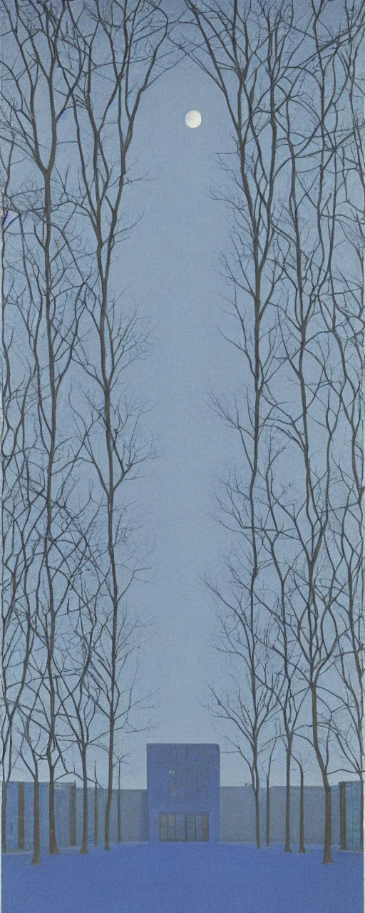 Image similar to University of Michigan campus on a Winter night by Rene Magritte. Long surreal shadows. Blue.